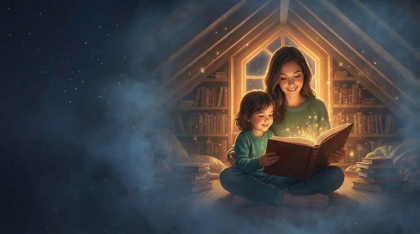 Parent and child reading together in a glowing attic library